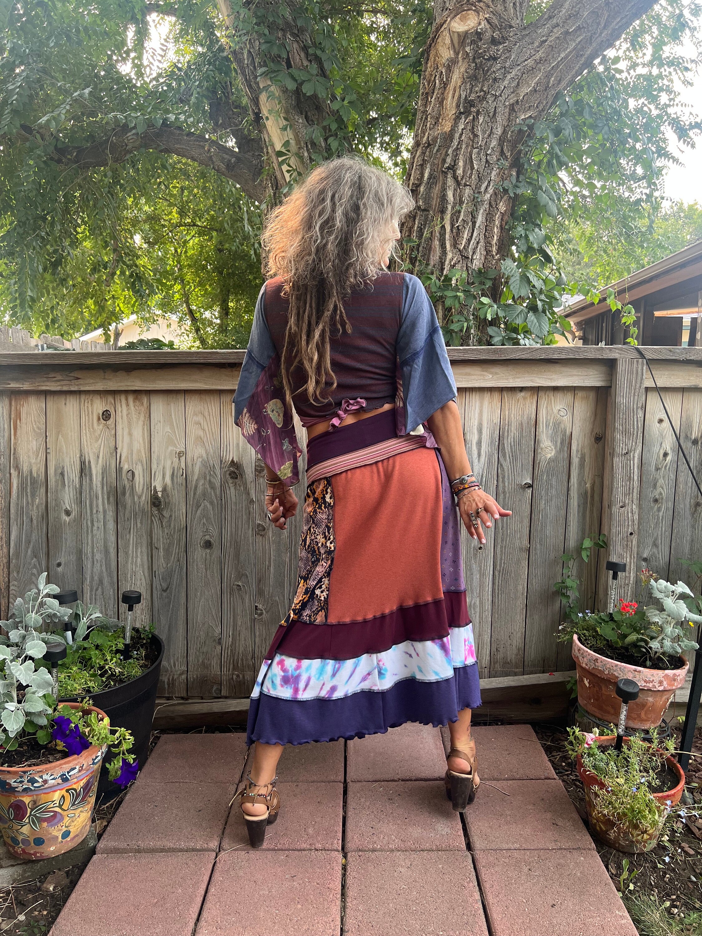 【BohemSeo】 BELTED JERSEY SKIRT Boho Skirt, M/L Patchwork Skirt, Eco Clothing, Boho Jersey