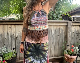 Eco Patchwork Chrissy Fringe  Halter Top, Size XS to a M, hippie cropped top, halter top, zen cropped top, summer halter top, Zasra