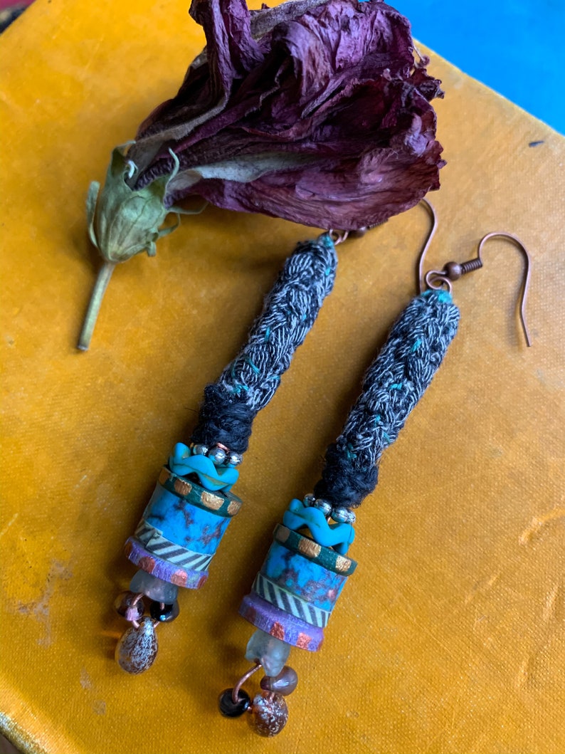 Mixed Media Wood Earrings Fiber Earrings Funky Earrings Etsy