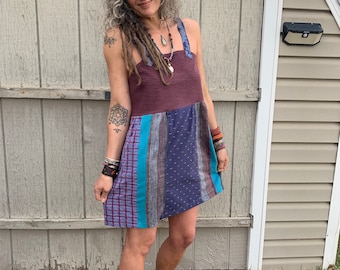 Eco Tank DRESS,size M/L, upcycled clothing, tunic dress, hippie dress, festival dress, necktie dress, plaid jumper dress,summer dress, Zasra