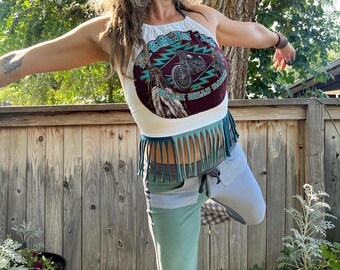 Eco Patchwork Chrissy Fringe  Halter Top, Size XS to a M, hippie cropped top, halter top, zen cropped top, summer halter top, Zasra