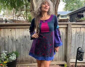 Eco Janis Mini Dress size XS/S, retro  dress, hippy dress, bright dress,patchwork dress,  mini dress, abstract dress, funky tunic, Zasra