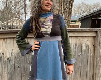 Eco Janis dress size XS/S upcycled tunic, hippy tunic, neutral tunic dress, patchwork tunic, flow tunic, abstract tunic, funky tunic, Zasra