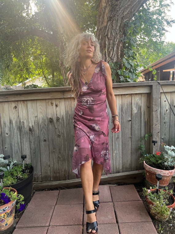 Vintage DRESS, 90s Dress, Peony Dress, Retro Dress, Purple Dress