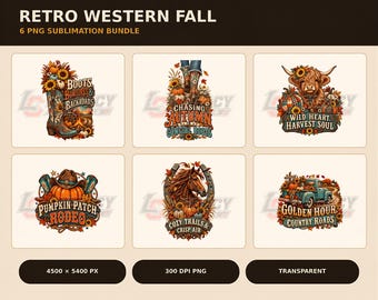 May include: A digital bundle of six retro western fall-themed PNG sublimation designs featuring illustrations of cowboy boots, a highland cow, a pumpkin patch, a horse, and a vintage truck, all decorated with sunflowers, pumpkins, and autumn leaves.