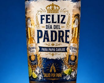 May include: A stainless steel tumbler with a blue and gold design. The tumbler features the text "FELIZ DÍA DEL PADRE" and "PARA PAPÁ CARLOS". It also includes images of Corona Extra beer bottles and limes.