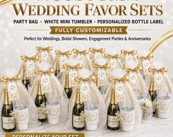 May include: A collection of custom wedding favor sets featuring white mini tumblers, personalized bottle labels, and party bags. Each set includes a white tumbler with gold accents, a bottle label, and a tag tied with a gold ribbon.