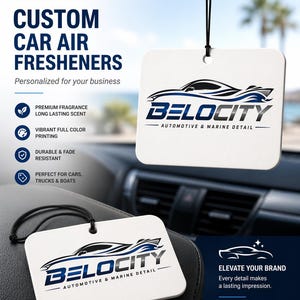 May include: White, rectangular car air fresheners with the "BELOCITY" logo in blue and black, hanging in a car. The text "CUSTOM CAR AIR FRESHENERS" and other details are visible. The fresheners are designed for cars, trucks, and boats.