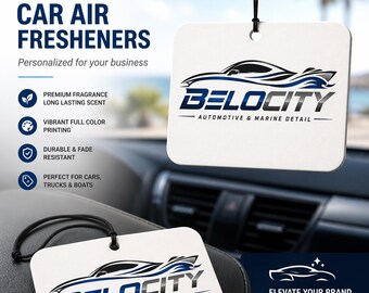 May include: White, rectangular car air fresheners with the "BELOCITY" logo in blue and black, hanging in a car. The text "CUSTOM CAR AIR FRESHENERS" and other details are visible. The fresheners are designed for cars, trucks, and boats.