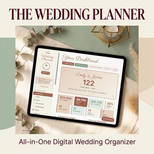 May include: A digital tablet displaying a wedding planner application interface titled The Wedding Planner and Your Dashboard. The screen shows budget tracking, guest counts, and a countdown of 122 days until the wedding of Emily and James.