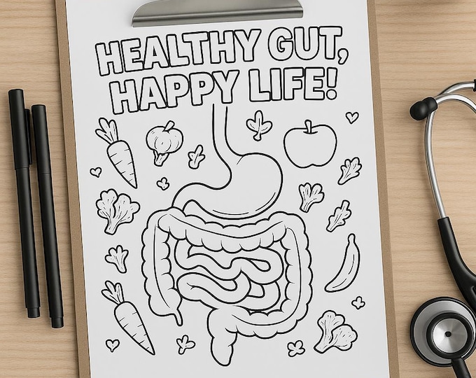 Healthy Gut, Happy Life Digestive System Coloring Page | Gut Health Anatomy Printable | Nutrition Education Activity | Instant PDF Download