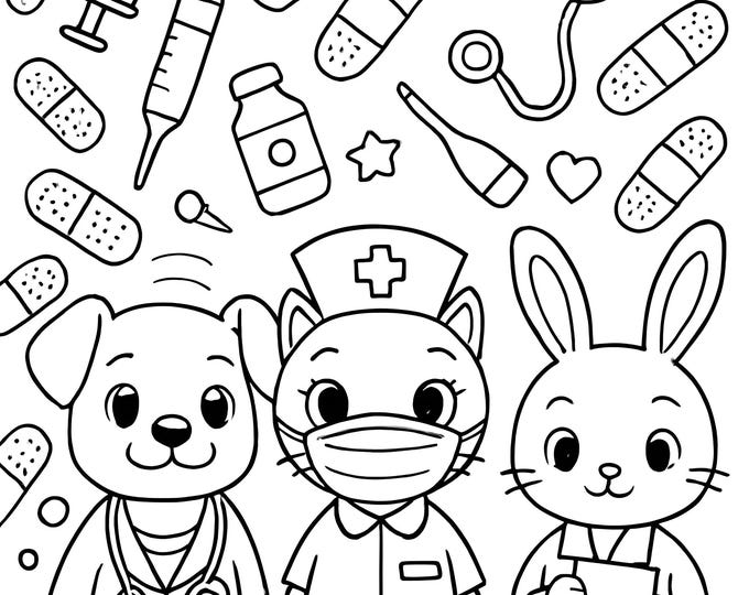 Animal Healthcare Heroes Coloring Page Cute Pet Doctors & Nurses Printable | Kids Medical Coloring Activity | Instant Download PDF