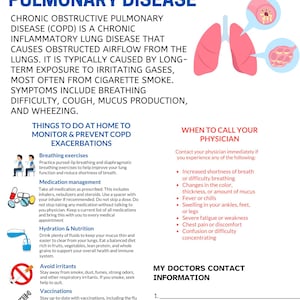 Puede incluir: Una infografía rosa y blanca con el título "Enfermedad Pulmonar Obstructiva Crónica" que proporciona información sobre la enfermedad, incluidos los síntomas, las causas y las opciones de tratamiento. La infografía también incluye una sección sobre cuándo llamar a un médico y una sección sobre qué hacer en casa para controlar y prevenir las exacerbaciones de la EPOC.