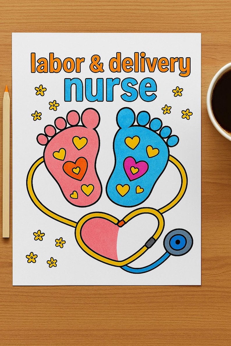 Labor Delivery Nurse Coloring Page Baby Feet & Heart Stethoscope ...