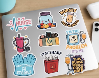 May include: A collection of colorful stickers with medical themes, including a nurse's heartbeat, a pill bottle, a coffee IV bag, and the text "Nurses Call the Shots." The stickers are on a laptop.