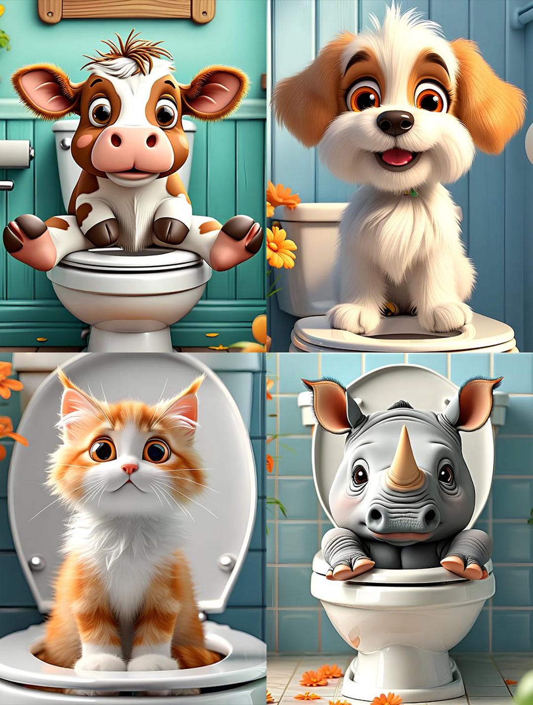 Toiling Animals Cute Animals Sitting on the Toilet, Funny Bathroom Wall Decor, Funny ...