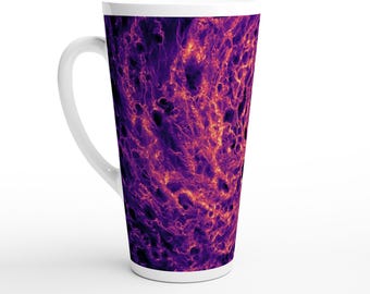 White Latte Ceramic Mug - Galactic Energy Swirl Artwork with QR Code