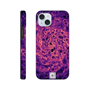 May include: A smartphone case with a vibrant, abstract design in shades of purple, orange, and black. The case features a swirling, textured pattern and a QR code at the bottom. The side of the case is solid purple.