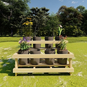 Plan för trädgårdsställ med 8 hinkar | Gör-det-själv-trädgårdshylla i trä (PDF-nedladdning)