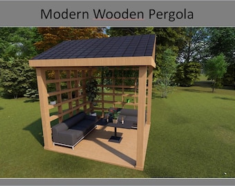Modern Wooden Pergola with Built-in Shelves – DIY Outdoor Pavilion