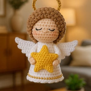 以下が含まれることがあります： 手作りのかぎ針編み天使オーナメント。金色の光輪と星が特徴です。天使は目を閉じ、白い翼と、金のビーズトリムが付いた白いドレスを着ています。天使の髪は薄茶色です。オーナメントは金の紐で吊り下げられています。