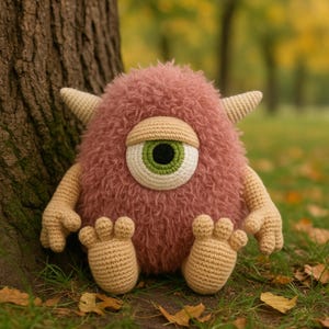 May include: A crocheted monster toy with a pink, fluffy body, a single large eye, and two small horns. The eye is green and white, and the toy has beige arms and feet. The monster is sitting on grass near a tree.