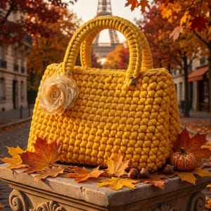 Puede incluir: Un bolso de ganchillo amarillo brillante con un asa trenzada gruesa y una gran flor de tela color crema pálido en la parte delantera. El bolso tiene un patrón de puntos denso y texturizado, exhibido con hojas de otoño y una pequeña calabaza.