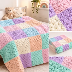 Könnte beinhalten: Eine handgefertigte Häkeldecke mit einem Gitter aus abwechselnden quadratischen Feldern in Pastellfarben wie Hellrosa, Lavendel, Mintgrün, Pfirsich und Creme. Die Decke weist durchgehend ein strukturiertes, offenes Maschenmuster auf.
