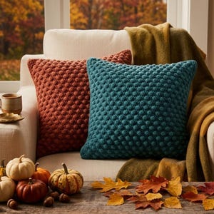 Patrón de cojín de ganchillo en PDF, patrón de cojín con punto de burbuja texturizado, tutorial de cojín decorativo para el hogar en otoño, manualidad fácil de hacer tú mismo (descarga instantánea)