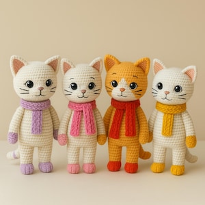 かぎ針編みの猫の編み図 - DIYぬいぐるみ、スカーフ付き猫の編み図、デジタルPDF、手作り猫のおもちゃ、初心者向けかぎ針編み図