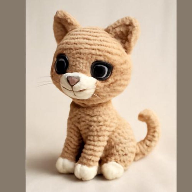 May include: A crocheted plush cat toy with large black eyes and a beige and brown striped pattern.