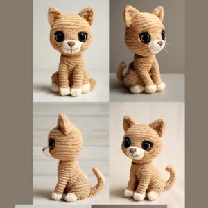 May include: Four crocheted plush cat toys in different poses. The cats are brown and white with black eyes and a white nose.