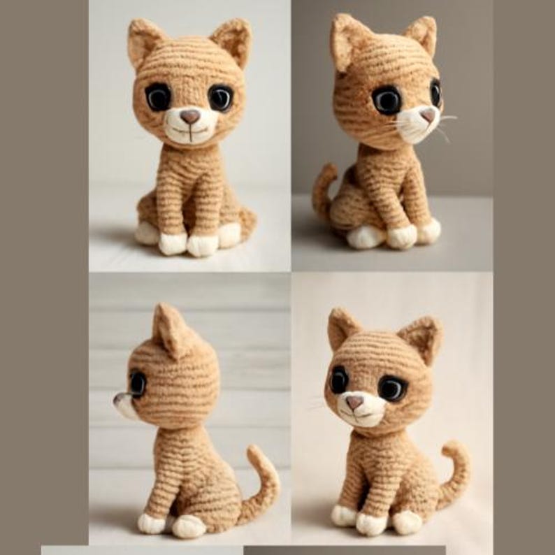 May include: Four crocheted plush cat toys in different poses. The cats are brown and white with black eyes and a white nose.
