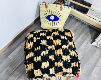 Handgjord marockansk puff i ull: Berberkudde, Boho golv vintage ottoman