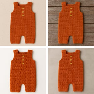 Peut inclure: Quatre barboteuses bébé en crochet orange avec des boutons jaunes. Les barboteuses sont sans manches et ont un design simple.