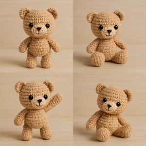 Puede incluir: Cuatro osos de peluche tejidos a crochet en diferentes poses. Los osos son marrones y tienen ojos y nariz negros. Todos están sentados o de pie sobre una superficie de madera.