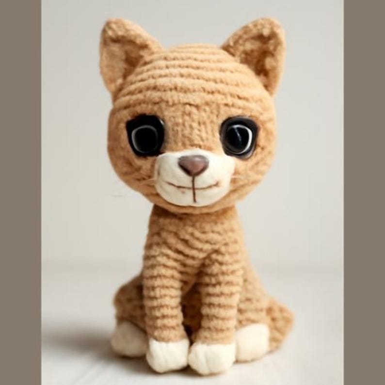 May include: A crocheted plush toy cat with brown fur, large black eyes, and a white nose and paws. The cat is sitting with its legs crossed.