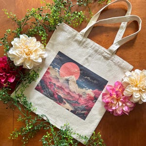 Moon and Mountain Japanese Vintage Art Style Everyday Cotton Tote Bag