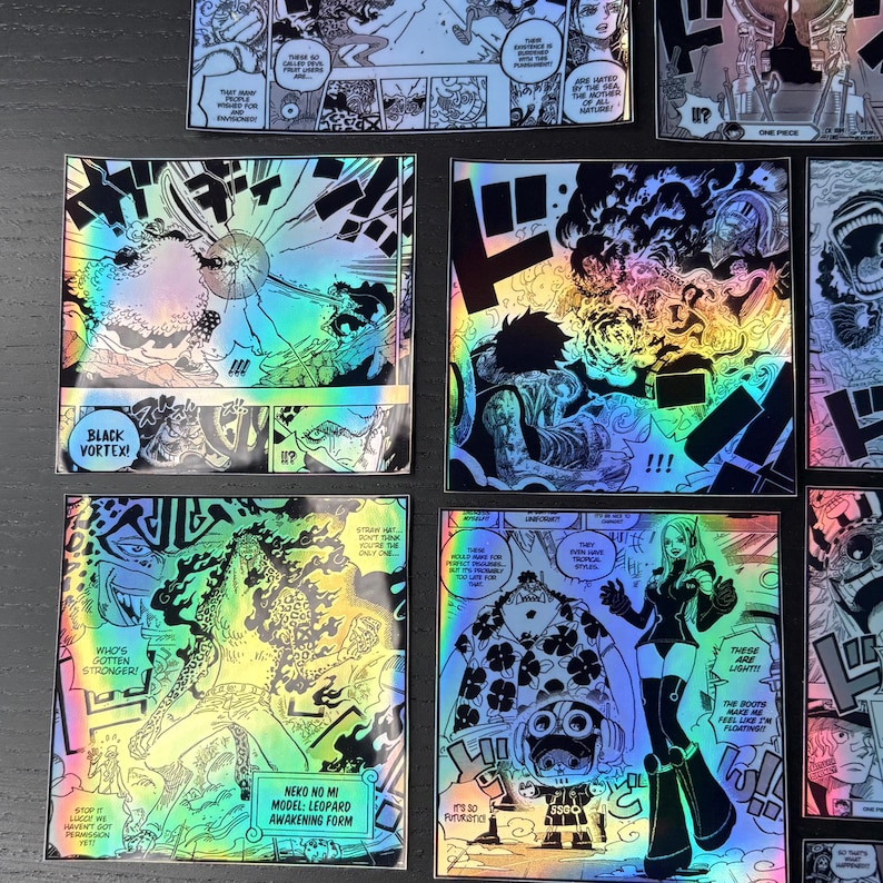 May include: A set of nine holographic stickers featuring characters from the anime One Piece. The stickers are printed on a clear background with iridescent colors. The stickers feature characters such as Luffy, Zoro, Sanji, and Chopper. The stickers are perfect for adding a touch of anime flair to your laptop, phone, or water bottle.