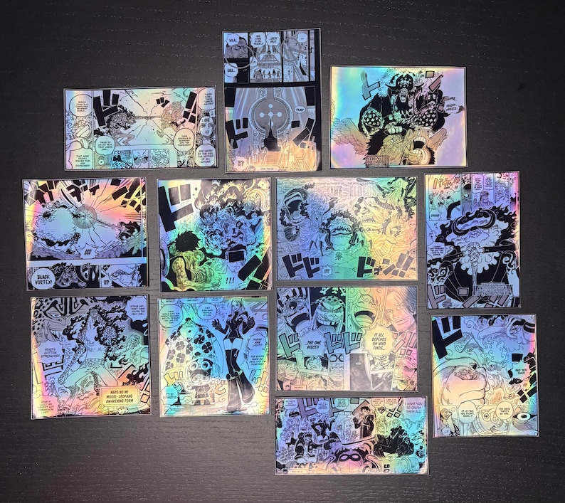 May include: A set of 12 holographic stickers featuring characters and scenes from the popular anime series One Piece. The stickers are printed on a clear, iridescent material and feature a variety of colors, including black, white, red, blue, and yellow. The stickers are perfect for adding a touch of anime flair to laptops, water bottles, notebooks, and more.