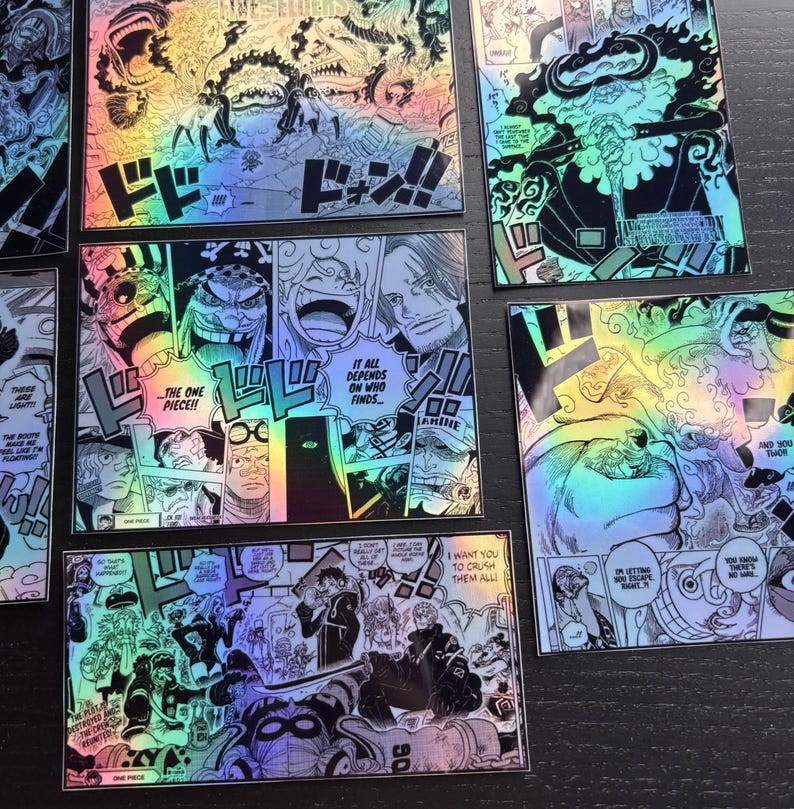 May include: A set of six holographic stickers featuring scenes from the popular anime One Piece. The stickers are printed on a black background with a rainbow iridescent finish. The stickers feature characters from the anime, including Luffy, Zoro, and Sanji. The stickers are perfect for adding a touch of anime style to your laptop, phone, or water bottle.