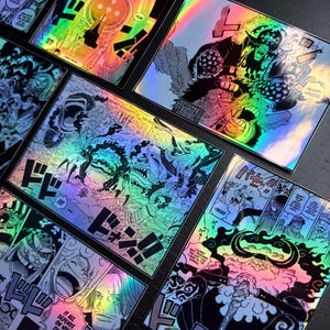 May include: A set of eight holographic stickers featuring characters and scenes from the popular anime series One Piece. The stickers are printed in black and white with a holographic finish that shimmers in different colors. The stickers feature characters such as Luffy, Zoro, and Sanji, as well as iconic scenes from the anime.