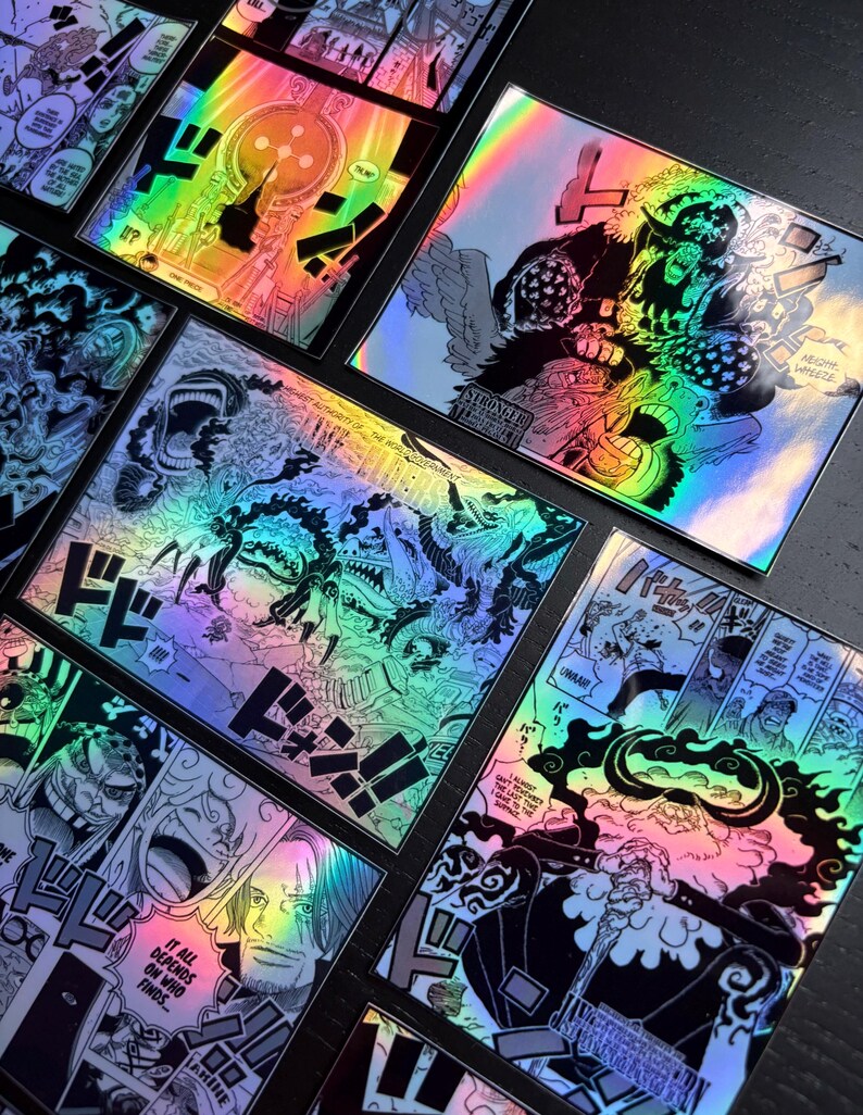 May include: A set of eight holographic stickers featuring characters and scenes from the popular anime series One Piece. The stickers are printed in black and white with a holographic finish that shimmers in different colors. The stickers feature characters such as Luffy, Zoro, and Sanji, as well as iconic scenes from the anime.