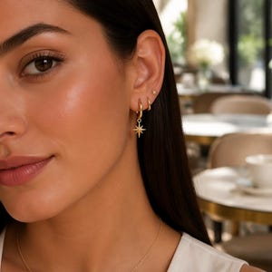 18K Gold Plated Stainless Steel Celestial Hoop Earrings Set, North Star Earrings, Minimalist Ear Stack, Gift for Her