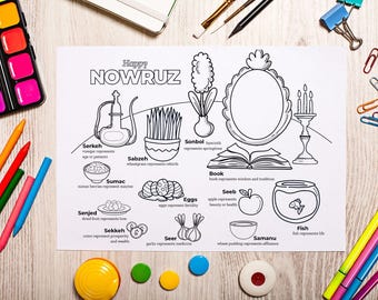 May include: A black and white coloring page with the words "Happy Nowruz" at the top. The page features illustrations of various symbols associated with Nowruz, a Persian New Year celebration, including a bowl of sprouts, a book, an apple, a fish, and a pitcher of vinegar. Each symbol is labeled with its name and a brief description of its significance.