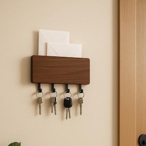 Peut inclure: Un porte-clés en bois avec un organiseur de courrier intégré. Le porte-clés est en bois brun foncé et comporte quatre crochets noirs pour les clés. Deux enveloppes blanches sont placées dans l'organiseur de courrier. Le porte-clés est fixé sur un mur beige.