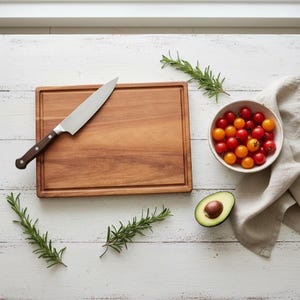 Puede incluir: Una tabla de cortar de madera con un cuchillo de acero inoxidable, un cuenco de tomates cherry, un aguacate y ramitas de romero. La tabla es rectangular con una ranura.