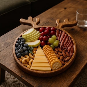 Puede incluir: Una bandeja de madera con forma de cuernos de ciervo, llena de una variedad de alimentos. Contiene manzanas en rodajas, arándanos, uvas, galletas saladas, queso, almendras, anacardos y salami. La bandeja está sobre una mesa de madera.