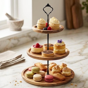 Peut inclure: Un présentoir à gâteaux en bois à trois niveaux avec une poignée en métal noir, rempli d'une variété de pâtisseries. Le niveau supérieur contient des cupcakes, le niveau intermédiaire des mini gâteaux et tartes, et le niveau inférieur des macarons.