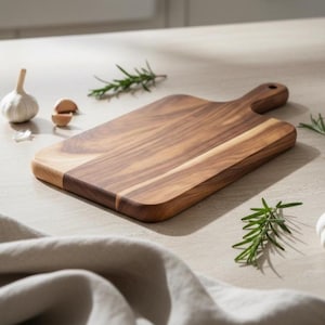 Peut inclure: Planche à découper rectangulaire en bois avec une poignée. Le bois présente un veinage naturel brun clair et foncé. Des gousses d'ail et des brins de romarin sont disposés autour, suggérant un thème culinaire.